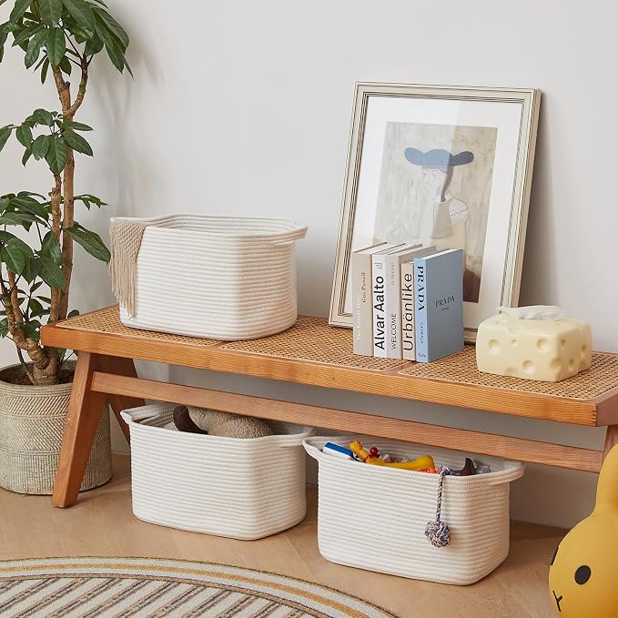 R RUNKA Cotton Rope Basket Set of 3 (15"x10.2"x9.1") - Rectangle Storage Bins - Versatile Toy Storage Organizer - Perfect for Kids, Dog Toys, Books, Shelves - White - Image 4