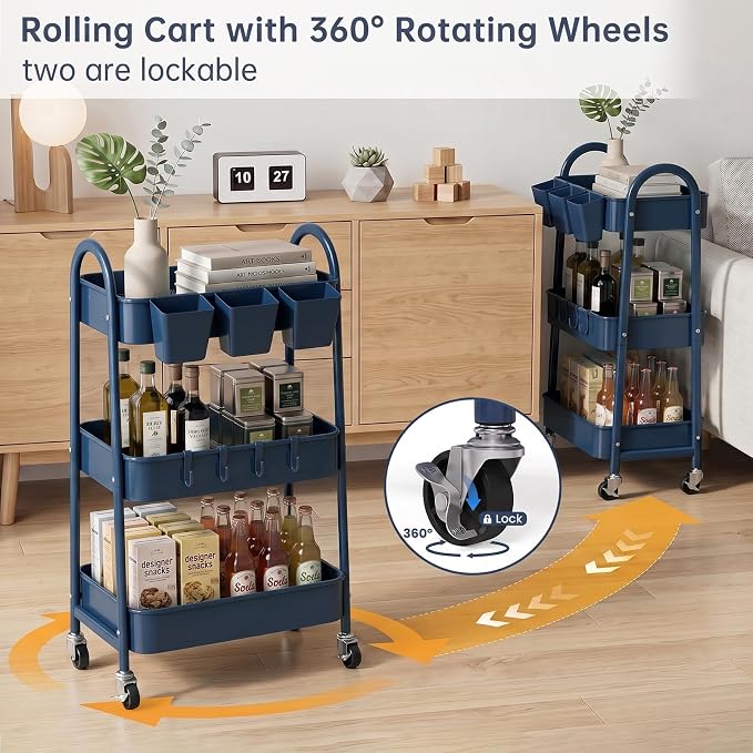 danpinera 3-Tier Rolling Cart, Utility Cart Mobile Metal Rolling Storage Cart with Lockable Wheels & Hanging Cups & Hooks for Kitchen, Bathroom, Office, Workshop, Dark Blue - Image 4