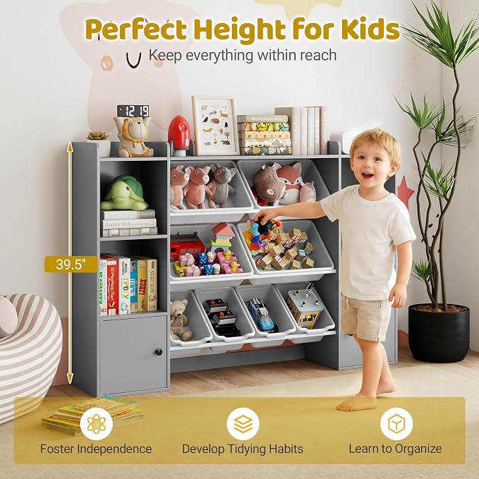 Costzon 56.5'' Kids Toy Storage Organizer w/ 8 Removable Bins, 4-Tier Toddler Bookshelf Cubbies, Preschool Children's Montessori Bookshelf w/6 Large Cabinet for Playroom, Daycare, Kids Room, Classroom - Image 4