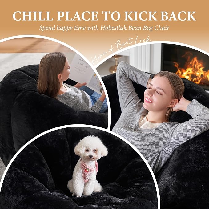 Hobestluk Large Bean Bag Chairs for Adults Donut-Shaped Giant Sofa Lounge | Black, Oversized Bean Bag Chair with Faux Fur Cover Foam Filling Cozy Lounger for Bedroom Living Room Reading - Image 6