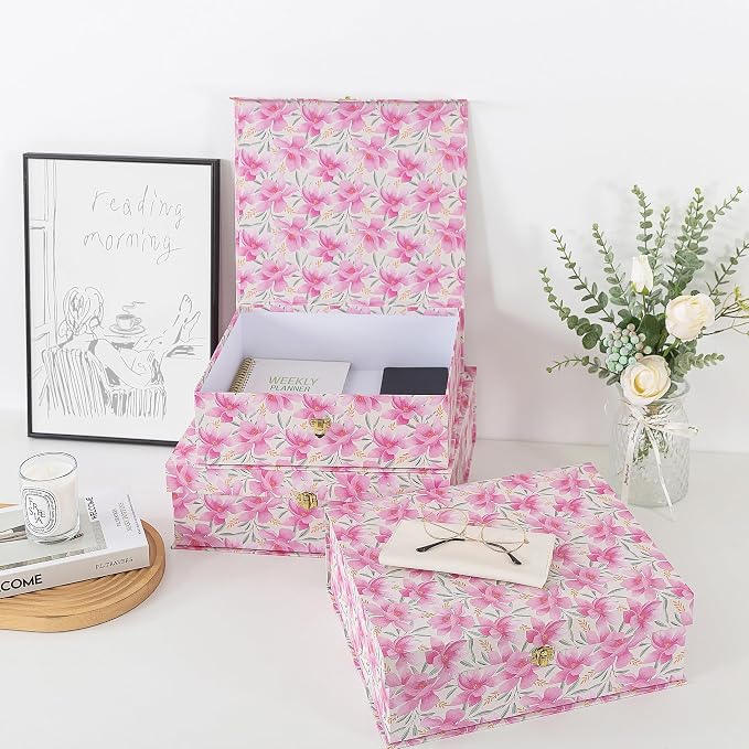 Soul & Lane - Pink Floral Boxes with Gold Hardware, Set of 3, Garden Blush | Stacking Keepsake Boxes with Lids for Home Decor and Organizing, Large Elegant Cardboard Gift and Memory Storage - Image 6
