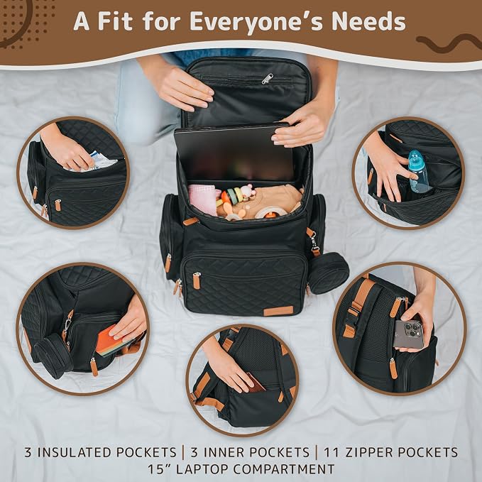 Large Diaper Bag Backpack for Mom & Dad | Unisex Baby Travel Bag | 15 Pockets | Changing Pad | Stroller Straps | Stylish & Washable | Newborn Essentials | Black - Image 5