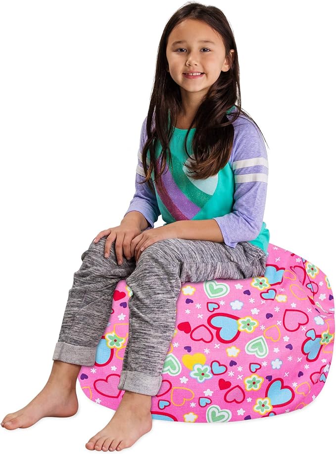 Posh Stuffable Kids Stuffed Animal Storage Bean Bag Chair Cover - Childrens Toy Organizer, Medium-27 - Canvas Multi-Colored Hearts on Pink - Image 3