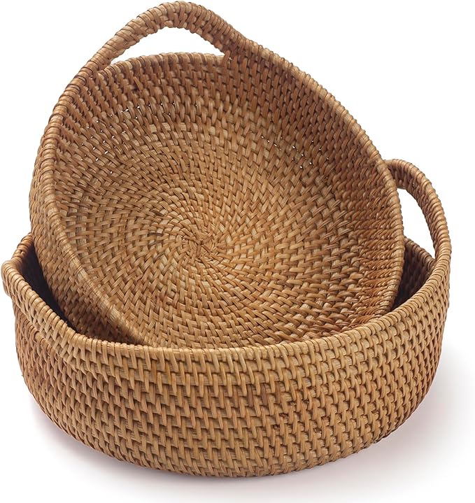 Rattan Storage Basket, Hand Woven Fruit Basket with Handles, Wicker Serving Basket, Bread Basket, Decorative Baskets for Organizing, Set of 2 by XIMISISE