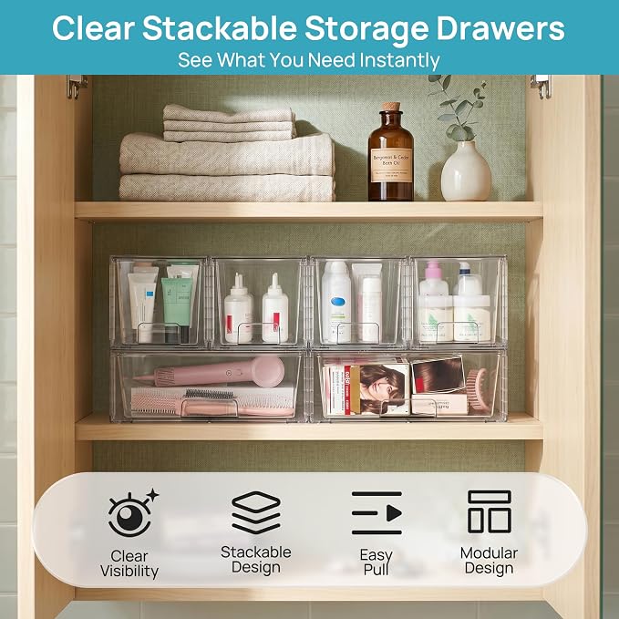 Vtopmart Clear Stackable Storage Drawers, 3 Pack Wide Organizer Set | Wide and Medium Pull-Out PET Drawers with Stackable Design for Flexible Storage, Cabinets, Closets, Pantry - Image 4