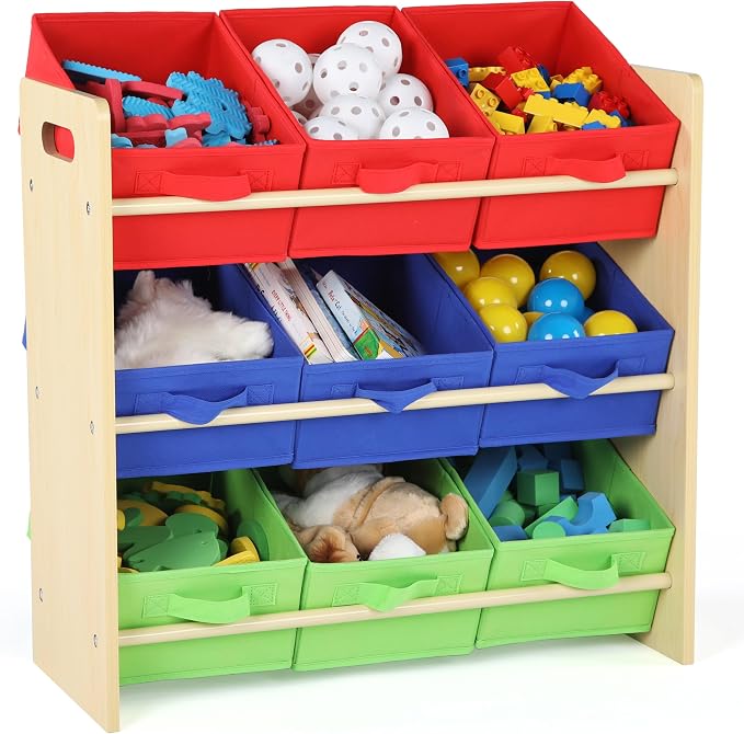 Humble Crew Kids Toy Organizer with 9 Fabric Bins, 3 Tier Storage Shelf | Sturdy wood and steel toddler frame, collapsible containers, wall anchor anti-tip safety kit for playroom, bedroom, classroom - Image 4