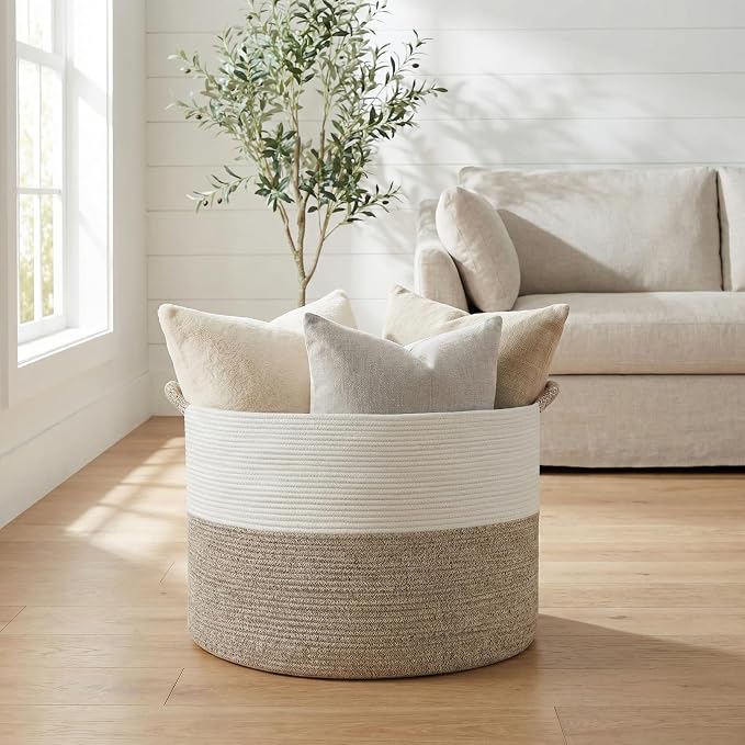 XXXL Large Blanket Basket for Living Room, 21.7" x 13.8" Woven Cotton Rope Laundry Hamper for Pillows, Towels & Toy Storage - Decorative Round Storage Basket with Handles for Nursery, Baby & Dog Toys - Image 6