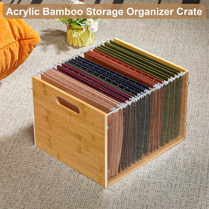Sbanmao 3 Pack Hanging File Organizer, Acrylic File Box Organizer, Bamboo File Crate File Cabinet Storage Box, File Folder Organizer for Home Office Desk, Letter Size - Image 6