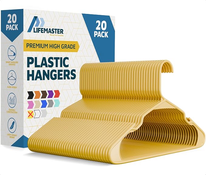 Lifemaster Plastic Clothes Hangers – Heavy Duty Hanger Set, for Organizing Clothes, Dresses, and Coat, Holds Up to 5 lbs, Space-Saving Hangers with Non-Slip Shoulder Grooves, Pack of 20, Yellow by LIFEMASTER