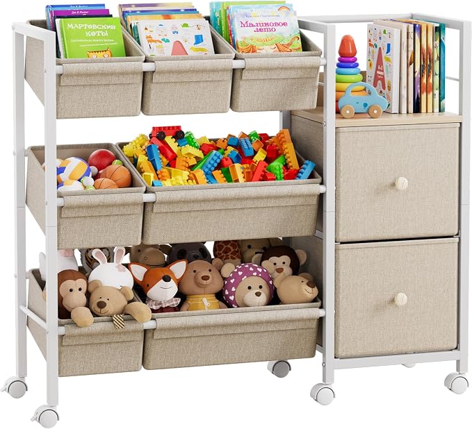 Modanais Kids Toy Organizers and Storage Bins, Off White | 7 Storage Bins + 2 Fabric Drawers + 1 Bookshelf, Playroom Storage, Organizer for Toy, Clothes, Blankets and Books by HomeOrganizersandStorage