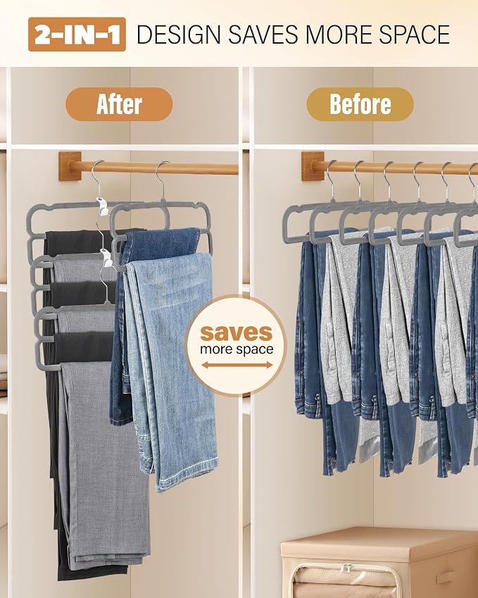 10 Pack Velvet Pants Hangers Space Saving, Non Slip 2-Layer Hanger (Grey) | Heavy Duty Flocked Trouser Hangers,pants organizer for closet with Swivel Hook, Felt Jean Hangers for Women and Men - Image 2