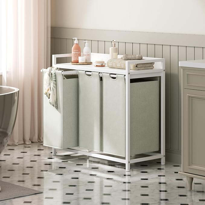 Herture Laundry Hampers with Shelf, Laundry Basket 3 Section, 3 x 15.87 Gal | Laundry Sorter with Pull-Out Removable Large 3 White Bags and Movable Wheels, Metal Frame, White PF04XLW - Image 6
