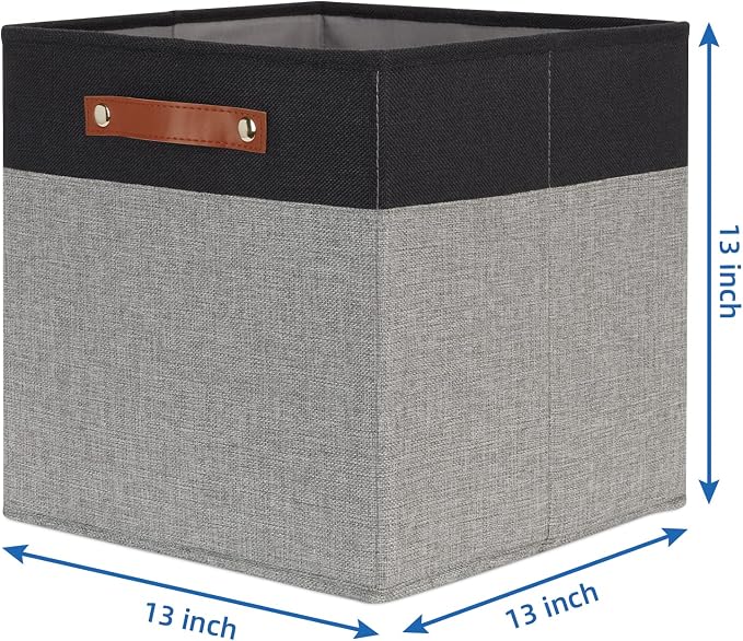 Temary 13 x 13 Storage Cubes Foldable Storage Cubes 4 Pack Canvas Storage Bin for Home, Square Storage Baskets with Leather Handles (Black&Grey) - Image 2