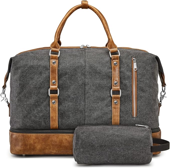 S-ZONE Weekender Bag for Men Canvas Duffle Large Weekend Overnight Travel Carry On Tote Bag with Shoe Compartment Black | Anti-wrinkle Canvas,Adjustable Shoulder Strap,1 Main Compartment and 7 Pockets,with Shoe Compartment by S-ZONE