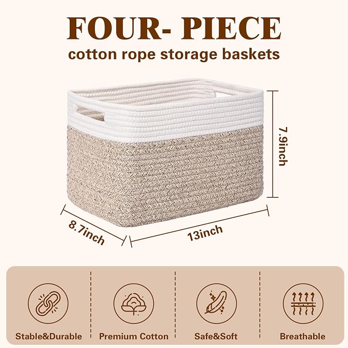 Storage Baskets for Organizing, 4 Pack Baskets for Shelves, Decorative Storage Bins for Shelves, Cotton Rope Storage Basket with Handles, Woven Basket for Storage, 13''Lx8.7''Wx7.9''H, White & Brown - Image 3