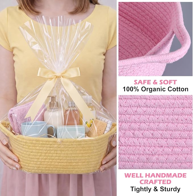 Hoolerry 8 Set Small Woven Gift Basket Empty with Bag Bow Raffia Pastel Cotton Rope Storage Box with Handle for Toy Storage Nursery Shelf Organizing Baby Shower Birthday Gift Basket, 12"x 8" x 5" - Image 4