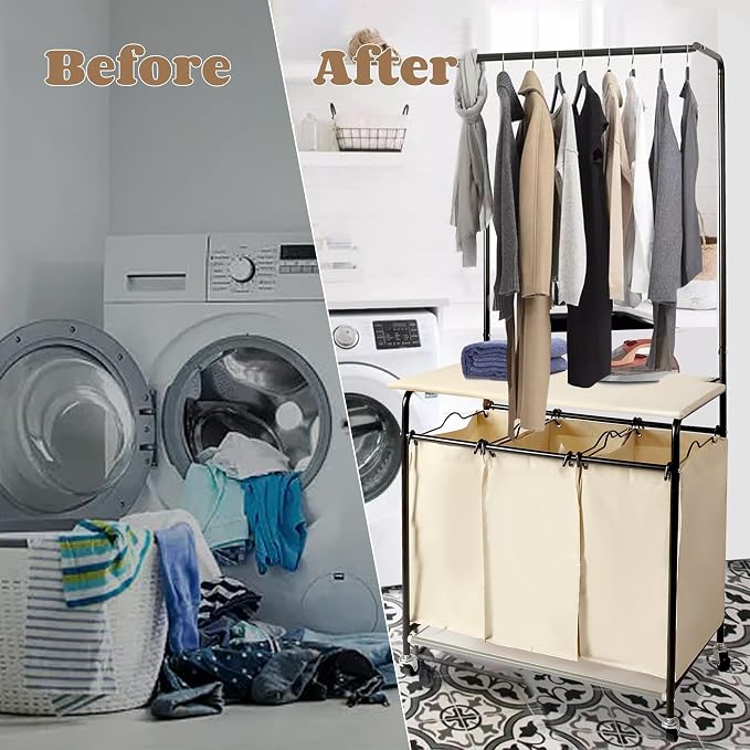 MYOYAY 3 Section Laundry Sorter with Garment Hanging Bar Rack Foldable Ironing Board, Laundry Basket Organizer Heavy Duty Laundry Hamper Rolling Cart with Lockable Wheels and 3 Removable Bags - Image 6
