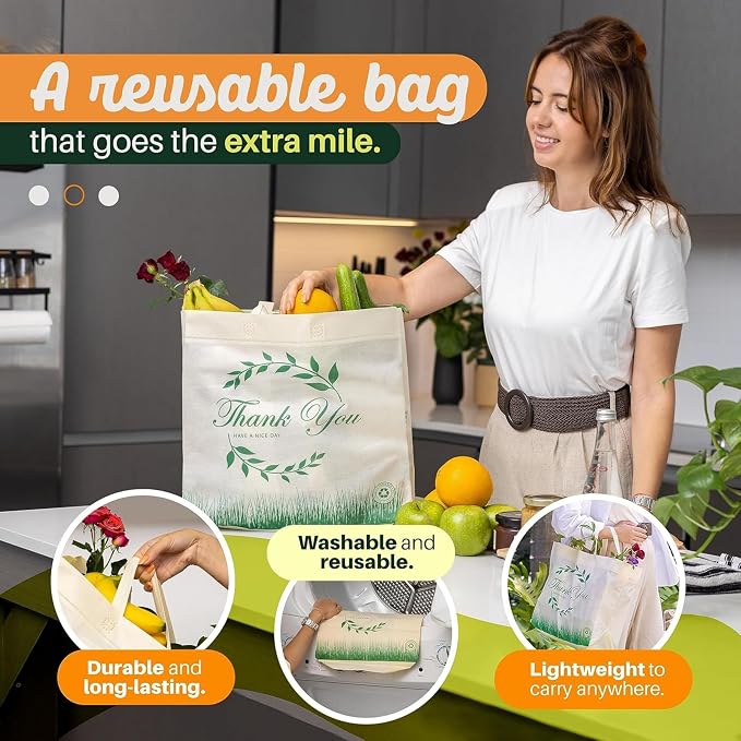 Simply Cool 200 Pack Reusable Thank You Grocery Bags, Large Tote Bags Bulk | 14.5"x14"x6.6" Heavy Duty Non-woven Printed Shopping Bags with Handles, Foldable Washable for Groceries and Commercial use - Image 5