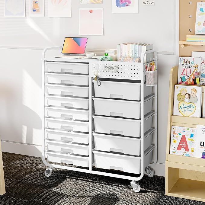 14 Drawer Rolling Storage Cart with Tabletop and Pegboard for Crafts White | Easy Setup, Large Capacity, Sturdy Build, Smooth Mobility, For classroom, office and dorm supplies - Image 2
