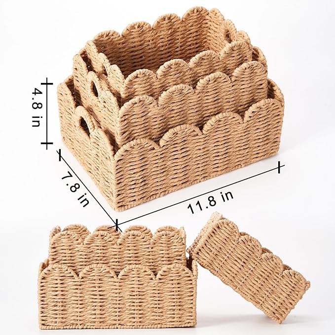 Scalloped Wicker Baskets Set of 3, Hand-Woven Storage with Handles | set of 3 tan scalloped baskets with handles. Hand-woven paper rope for shelves, bathroom or closet. Stackable, sturdy. - Image 3