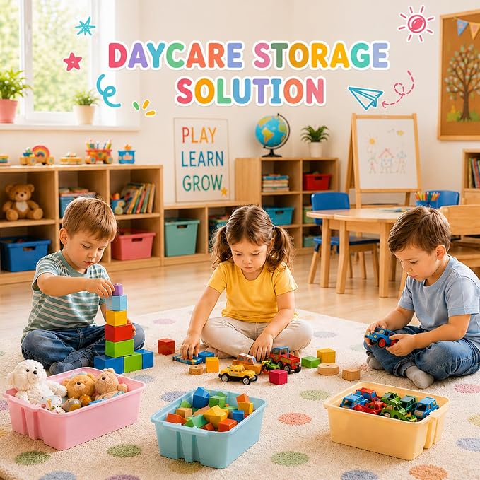 6 Pack Plastic Book Bins For Classroom Stackable Classroom Organizer with Handle Cubby Bins for School Library Office Home Nursery Playroom Organization(Pink Purple) - Image 5