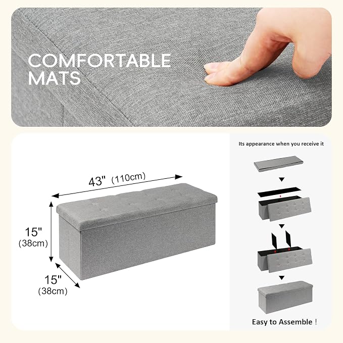 PINPLUS Folding Storage Ottoman Bench, Grey Linen Long Ottoman Chest Foot Rest Stool with Padded Seat, Chest with Cover, Bedroom Bench with Storage, 43.3inches - Image 3