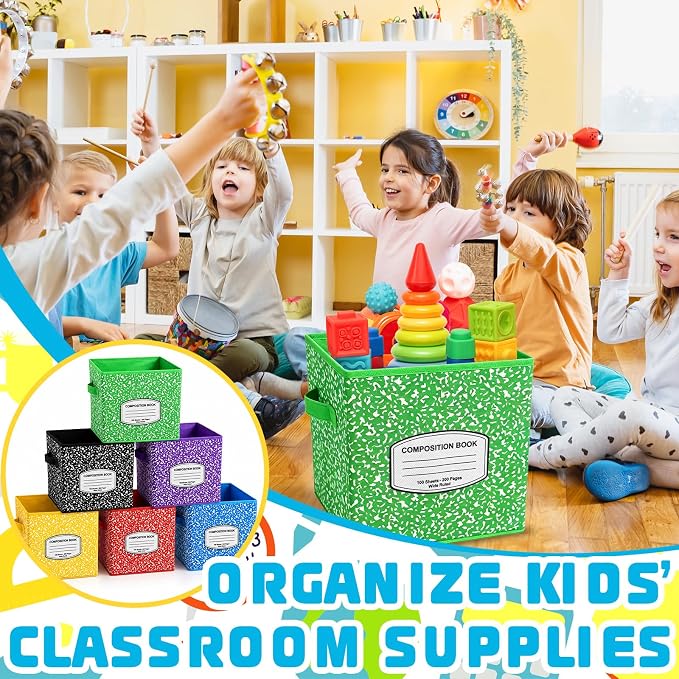 Demonwer 6 Pcs 11 Inch Fabric Storage Bins Color Composition Cubby Basket Bins with Handles Notebook Storage Containers for Back to School Decorations Office Home Organizer Supplies - Image 5