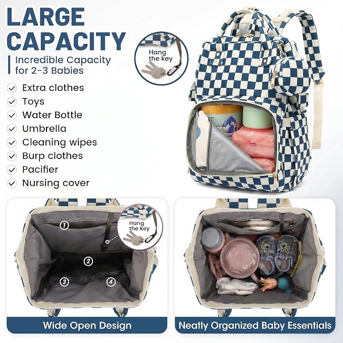 Baby Diaper Bag Backpacks for Mom Dad, Corduroy Large Capacity Multifunction Nappy Bag with Pacifier Case, Baby Travel Essentials Diaper Backpack for Boys Girls - Checkered Navy Blue - Image 3