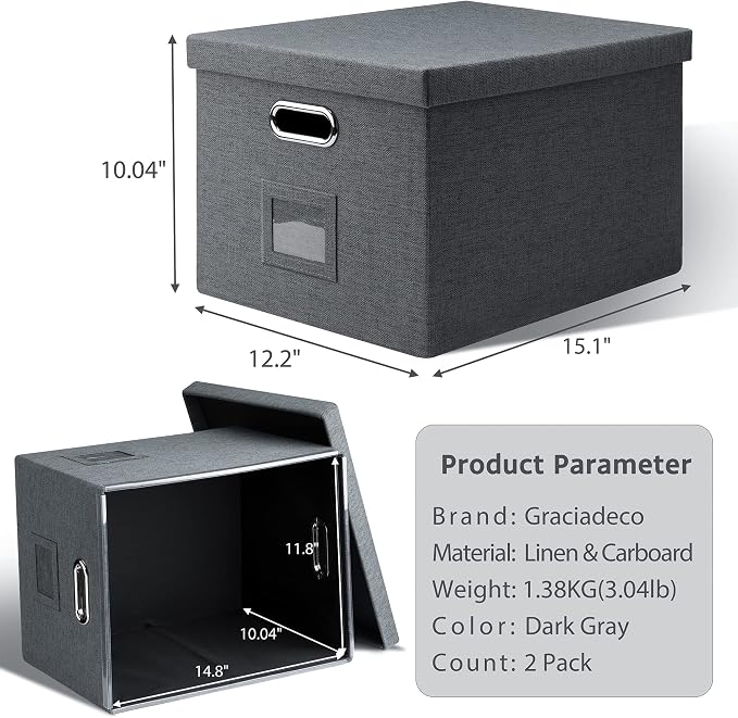 Storage Bins With Lids Office Organization File Folder Organizer Boxes | Dark Gray, 2 Pack, 15.1" * 12.2" * 10.04", Built-In Handle, Collapsible, Stackable, Dustproof, Linen Fabric, Cardboards - Image 2