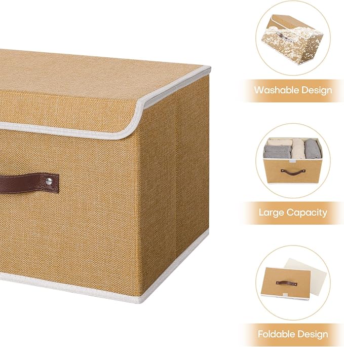 ANMINY Fabric Storage Box Bins with Lids, Khaki, 15"x10"x10" | Keepsake Memory Storage, Cotton Linen, PP Board Reinforced, Washable, PU Handles, Foldable & Stackable, Decorative, Large - Image 4