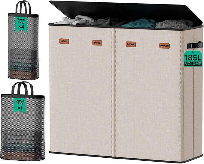 185L Laundry Hamper 4 Section with Lid & Removable Bags | Collapsible laundry basket organizer for laundry room, bedroom & dorm with 5 removable washing bags by MECINFUL
