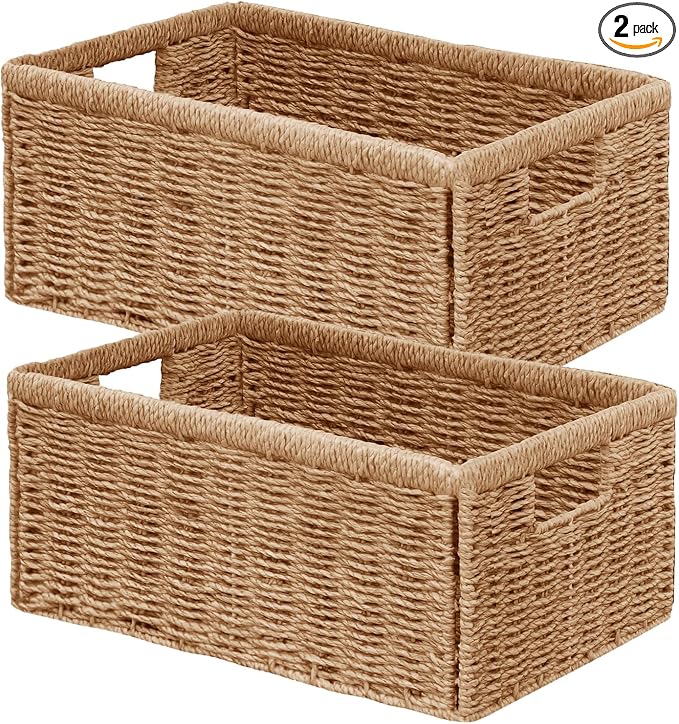 Wicker Storage Basket, Set of 2 Hand Woven Wicker Baskets for Organizing with Handles, Decorative Small Storage Bins for Countertop Toilet Paper Basket for Toilet Tank Top, Shelves, Natural by Vagusicc
