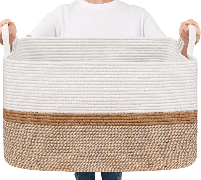 Goodpick Large Woven Rope Blanket Basket, Rectangle, White & Camel Mix | 21.6'' x 14.9'' x 11.8'' Storage Basket for Blankets & Toys, Living Room, Bedroom & Nursery Organization, Home Decor by Goodpick