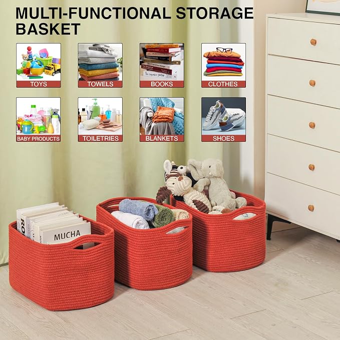 ICERZCZ Storage Baskets for Organizing, Storage Basket for Shelves, Toy Towel Basket for Bathroom Nursery, Woven Cotton Rope Baskets for Decor, 15"x11"x9.5", 3 Packs, Brick Red - Image 4