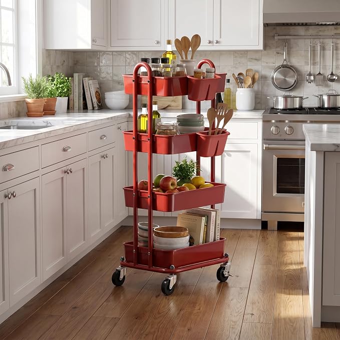 Simple Houseware 4-Tier Rolling Utility Cart with Hanging Bucket, Red | Storage for Bathroom, Kitchen, Office, Study Room, Nursery Diaper - Image 4