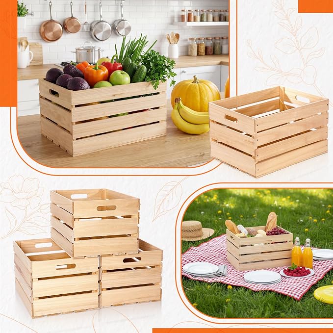 Weysat 3 Pack Large Wood Crates Box for Storage 24 x 15 x 12 inch Unassembled Wooden Milk Crates with Handle Decorative Nesting Box for Display Rustic Decor DIY Office Home Retail Art Craft (Wood) - Image 3