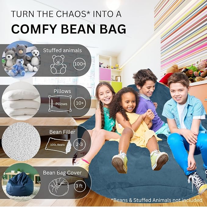 Bean Bag Stuffed Animal Storage Chair Cover (No Filler) for Kids and Adults. Extra Large Bird's Nest Beanbag Memory Foam Soft Premium (Navy Blue, 3 ft (Cover Only)) - Image 2