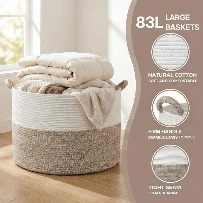 XXXL Large Blanket Basket for Living Room, 21.7" x 13.8" Woven Cotton Rope Laundry Hamper for Pillows, Towels & Toy Storage - Decorative Round Storage Basket with Handles for Nursery, Baby & Dog Toys - Image 4