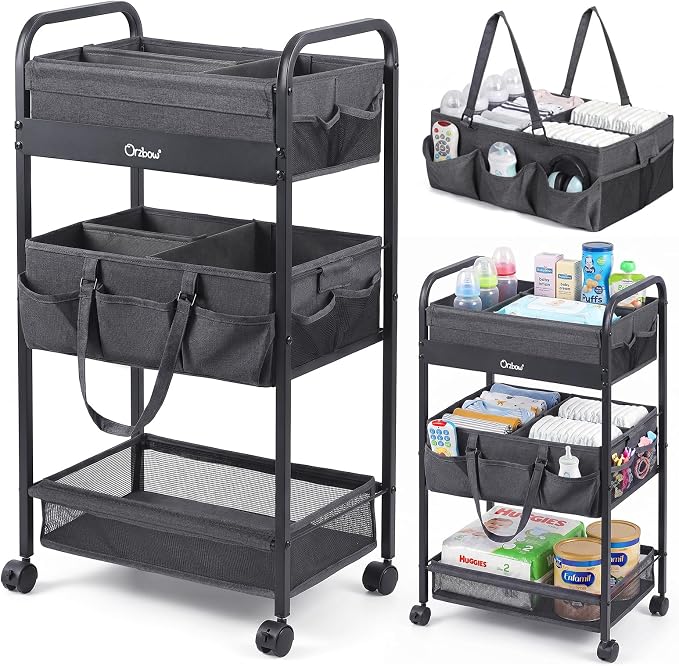 Orzbow Diaper Caddy cart, 3 Tier Baby Rolling Storage Cart | Detachable Infant Essentials Nursery Storage for Bedroom, Changing Table & Crib by Orzbow-MakeParentingEasier