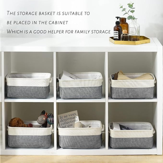 TcaFmac Small Storage Baskets for Shelf 6 Pack Canvas Storage Basket with Handles Fabric Storage Basket for Organizing Storage Bin (White and Grey, 12x8x5") - Image 3