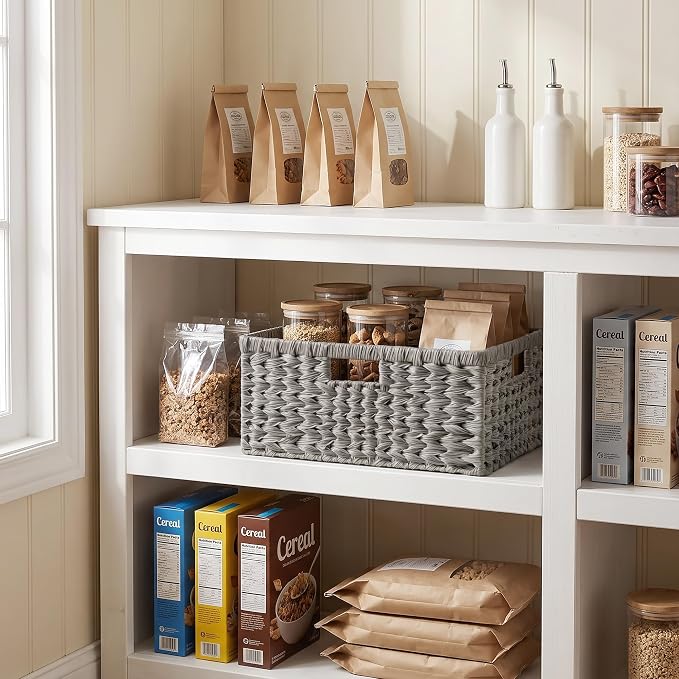 GRANNY SAYS Wicker Baskets for Organizing, Waterproof Pantry Basket, 1-Pack | Plastic Wicker Storage Baskets for Shelves,Large Wicker Baskets for Storage,Handwoven Storage Baskets with Handle,Grey Basket - Image 4