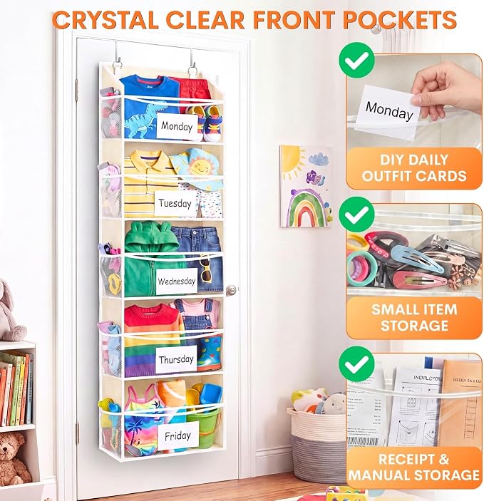 5Tiers Over Door Organizer, Weekly Clothes Organizer for Kids | 5 clear PVC front pockets, 10 mesh side pockets, weekly outfit planner, for kids, dorm, entryway, RV, 50 lbs capacity - Image 2