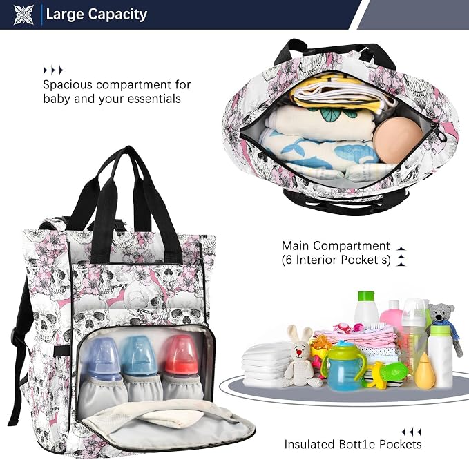 MNSRUU Diaper Bag Pink Floral Skull Diaper Bag Backpack Multifunction Travel Diaper Bag Tote Large Capacity Diaper Changing Backpacks for Moms Dads - Image 5
