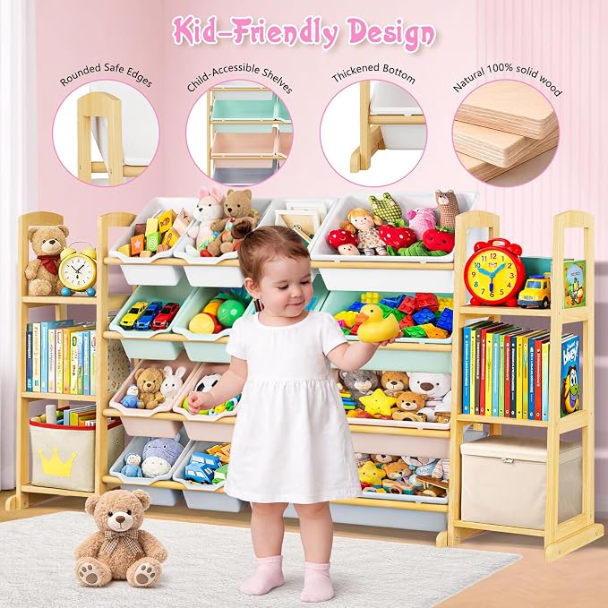 Kids Toy Storage Organizer with Bookshelf – Wooden Shelf with 16 Bins & 6 Shelves, Quick Assembly Storage Rack for Playroom, Bedroom, Nursery – Colorful - Image 3