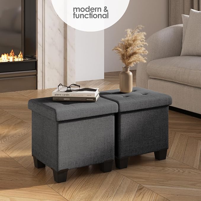 Storage Ottoman Cube with Small Bin, 15-in Square Ottoman with Storage for Living Room and Bedroom, Small Ottomans Foot Rest, Fabric Foot Stools Ottomans Max 330lbs, Grey - Image 2