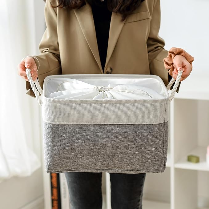 Storage Baskets for Organizing, X Large - 3 Pack 17.7L×13.8W×9.8H in Foldable Storage Bins for Shelves, Fabric Storage Box for Closet Nursery Toy Gift (White & Grey) - Image 5