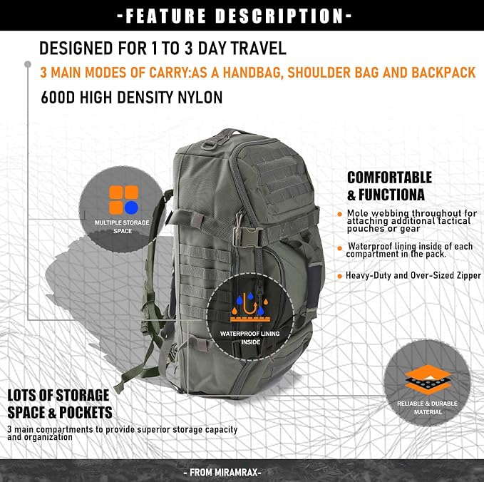 3-in-1 Gym Bag Duffle Bags Backpack - Travel Bag with Shoes Compartment | Sports Duffel Bag for Men Women Ideal for Workout,Weekender,Military,Sports,Overnight,Basketball,Tactical,Football,Baseball - Image 2
