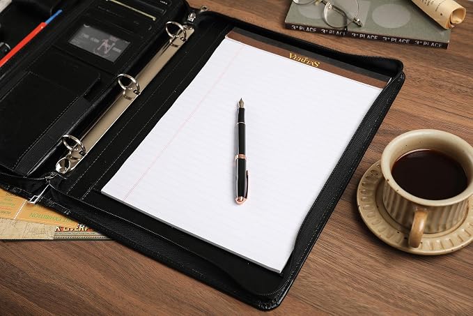 Black Leather Padfolio for Women/Men, Business Leather Binder 3 Ring Portfolio, Personalized Leather Portfolio Binder, Zippered Portfolio Organizer for A4 Notepad & 13-inch Laptop/Tablet - Image 6