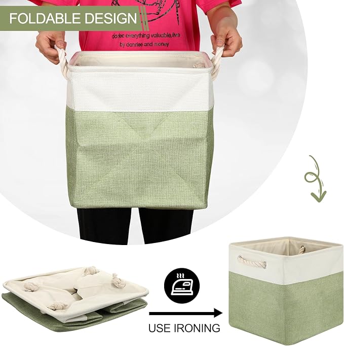 meekoo 8 Pack Collapsible Storage Bins Fabric Storage Bins Polyester Fabric Baskets with Handles Linen Closet Organizer for Shelf Home Closet Towels Toys(12 x 12 x 12 in,Green White) - Image 4