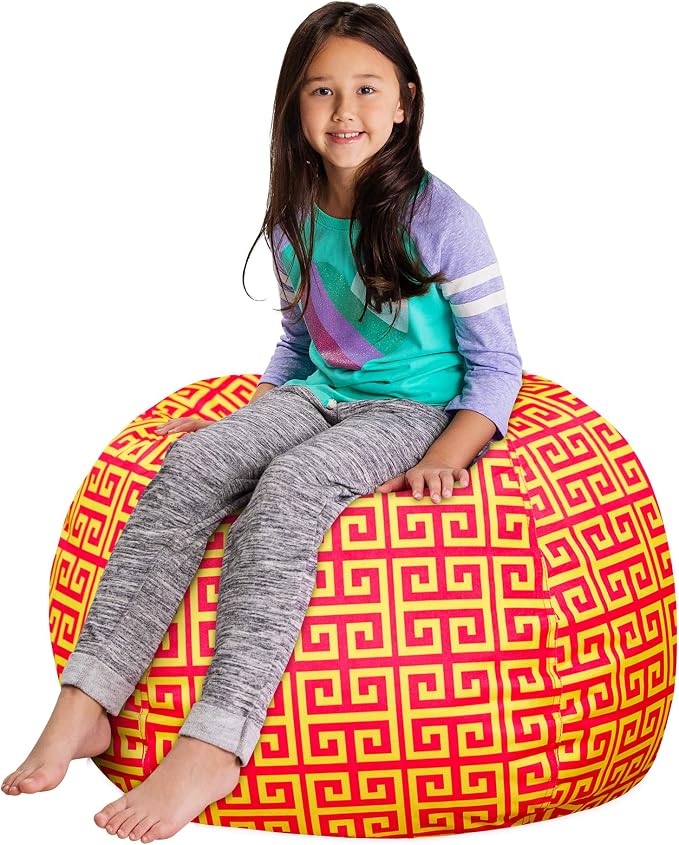 Posh Stuffable Kids Stuffed Animal Storage Bean Bag Chair Cover - Childrens Toy Organizer, Large 38" - Pattern Scrolls Red and Yellow - Image 4